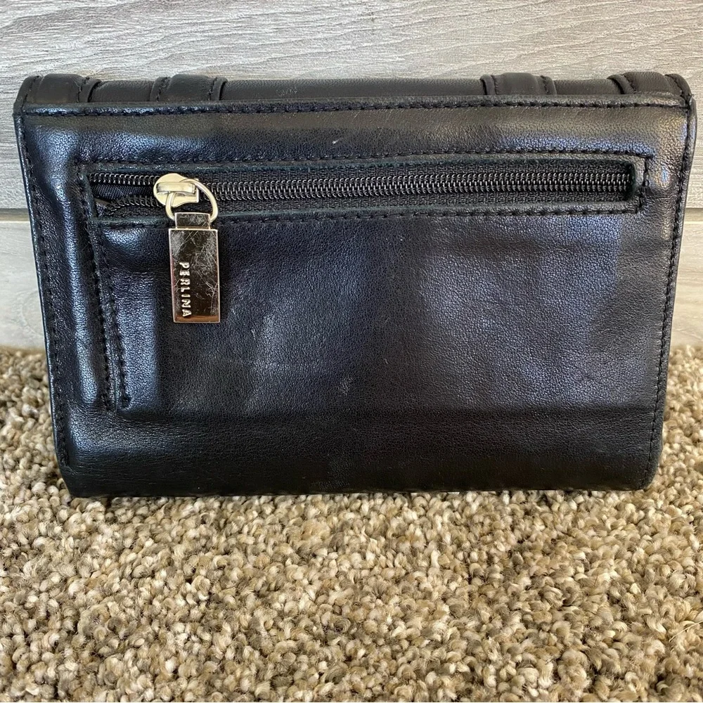 Perlina Black Leather Trifold Ladies Wallet Clutch